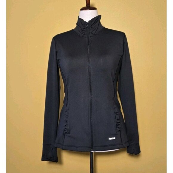 Reebok Black Full Zip Athletic Jacket Womens Medium Stretch Lightweight Ruffle - Picture 1 of 10